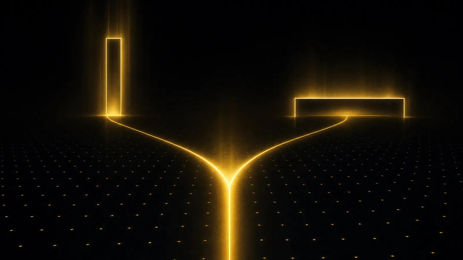 Caminho de luz se bifurcando entre um portal alto e estreito e outro largo e baixo
