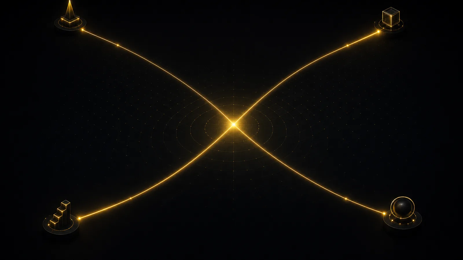 Duas curvas de luz se cruzando num ponto brilhante, cada uma terminando numa estrutura