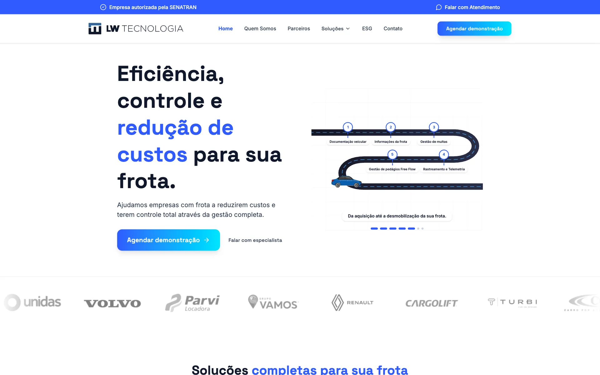 Captura do site da LW Tecnologia, com a faixa de parceiros como Volvo e Renault
